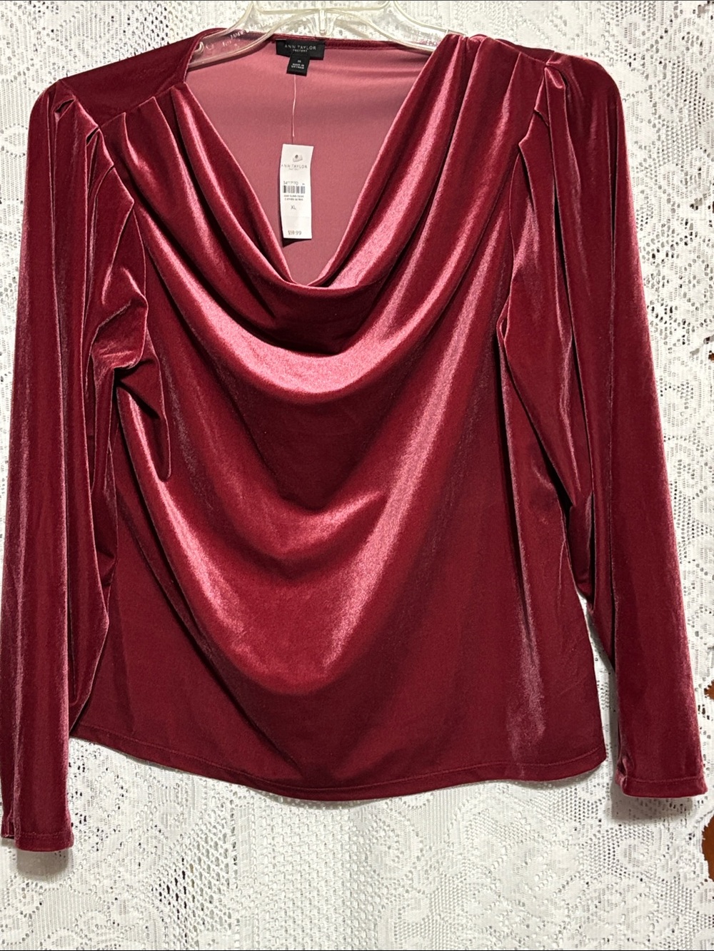 Ann Taylor Draped Velvet Cowl Neck Top in Wine size XL